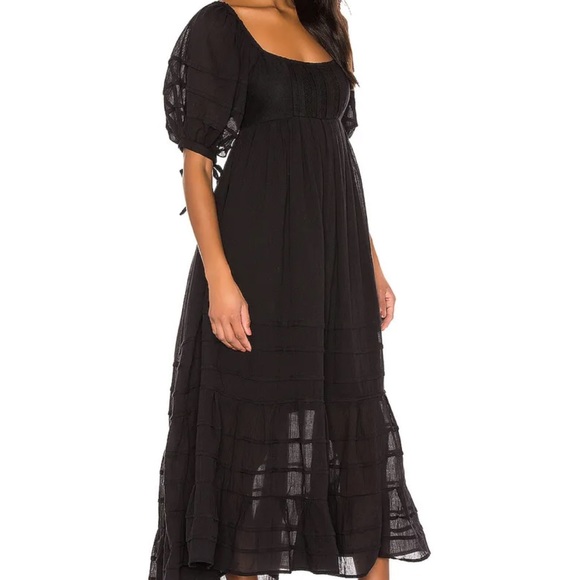 FREE PEOPLE Black Lets Be Friends Drawstring Waist Puff Sleeve Midi Dress L - Picture 4 of 8